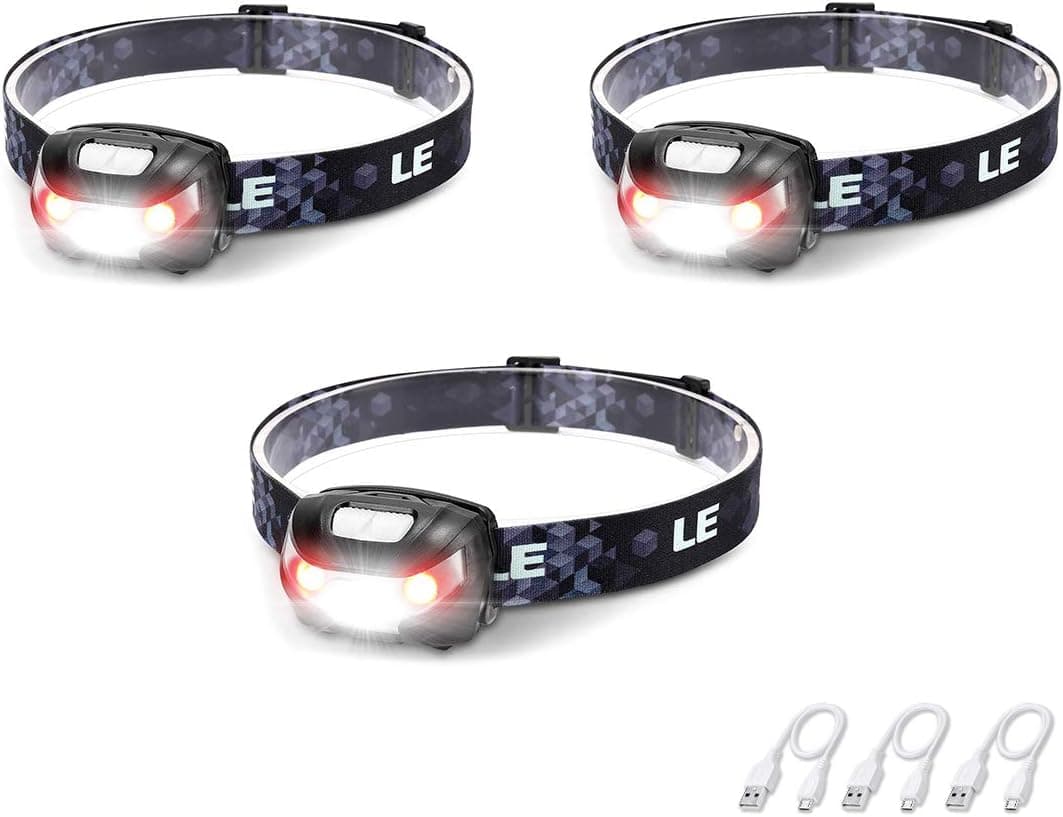 Lighting EVER Linterna frontal LED recargable IPX4 impermeable paquete de 3 | Cable USB incluido, Superbrillante, Múltiples modos de iluminación, Luz roja, Ligero, Diadema ajustable, Camping, Senderismo, Correr
