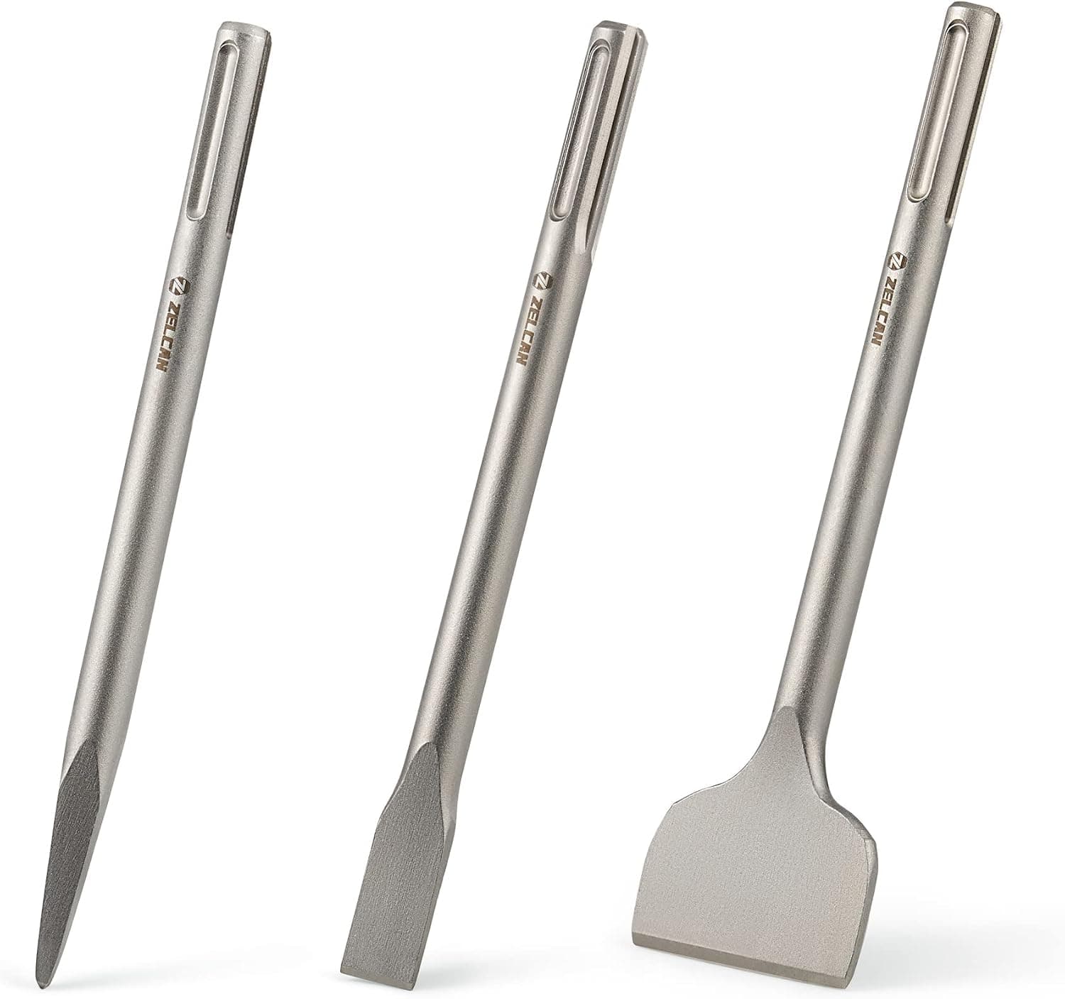 ZELCAN Juego de cinceles con vástagos SDS Max, juego de 3 brocas de cincel SDS Max con cinceles de punta plana, broca de martillo giratorio de 12 pulgadas, herramientas de mejora del hogar para eliminación de suelo de baldosas de piedra de hormigón