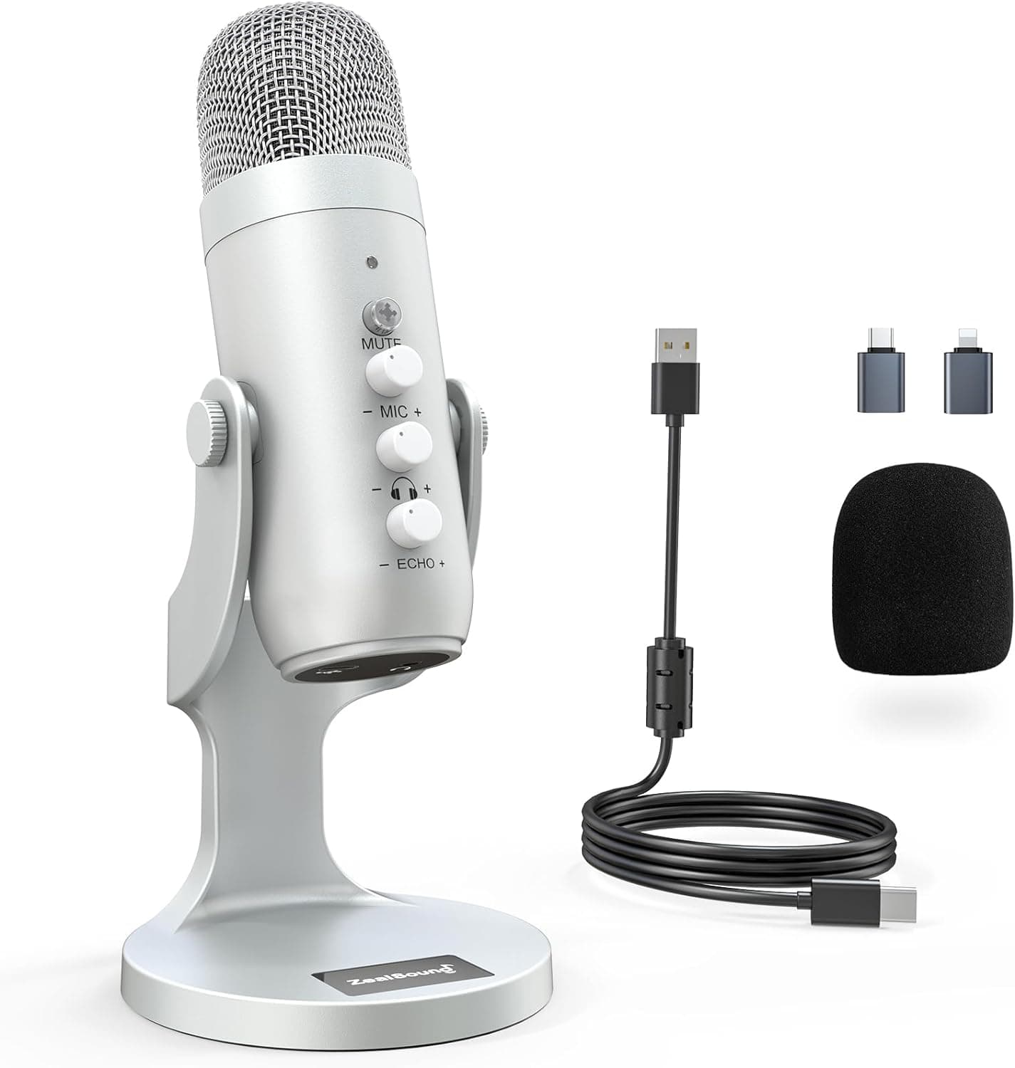 ZealSound Podcast Micrófono para PC, Micrófono USB con cancelación de ruido con ganancia, ajuste de volumen y botón de silencio, monitoreo y eco, para YouTube, TikTok, Podcasting, Streaming, iPhone, iPad, Android (Plata)