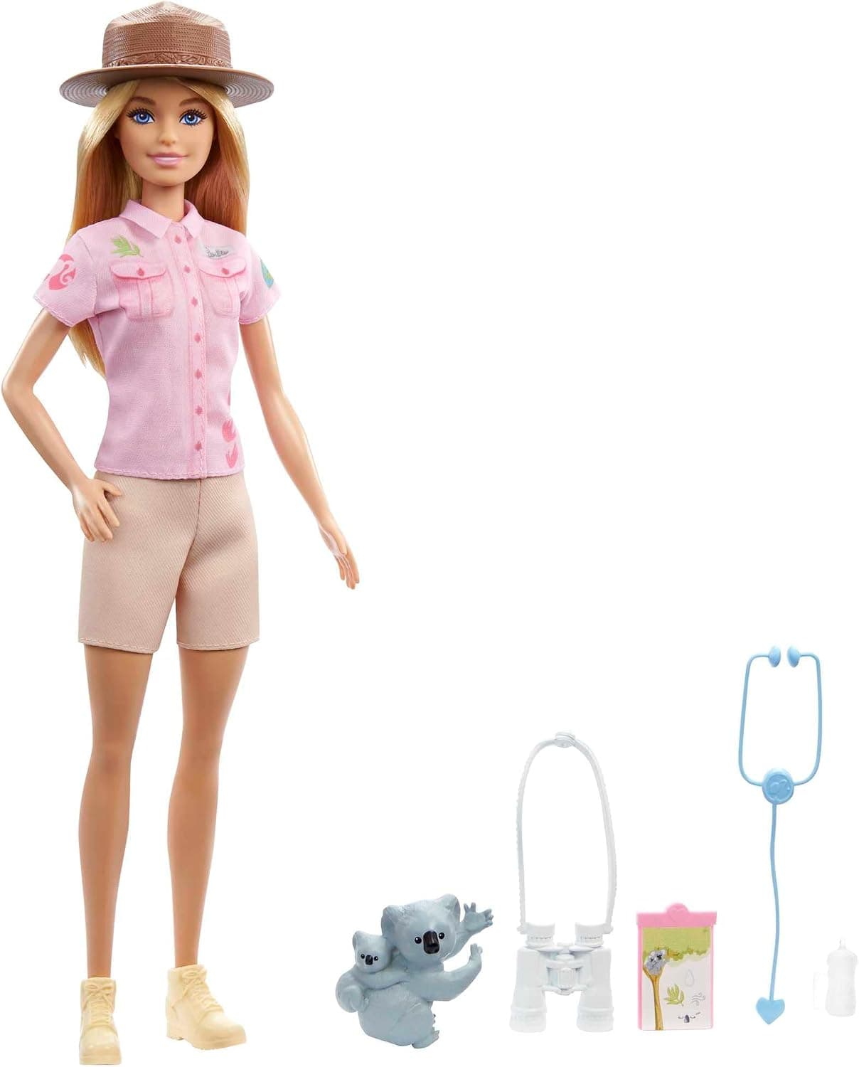 Muñeca Barbie Careers y accesorios, zoóloga con traje removible con sombrero, portapapeles y figura de koala que puede sostener el brazo de la muñeca