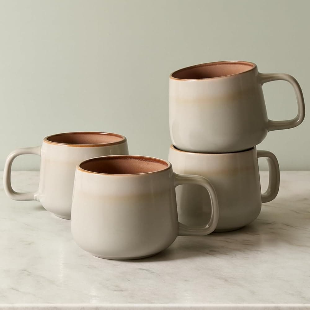 Juego de 4 tazas de café de cerámica de gres Ava Nord | 12 onzas | Ceniza de salvia | Sin plomo, no tóxico, apto para congelador, microondas y lavavajillas, mango cómodo, diseño nórdico estético para capuchino