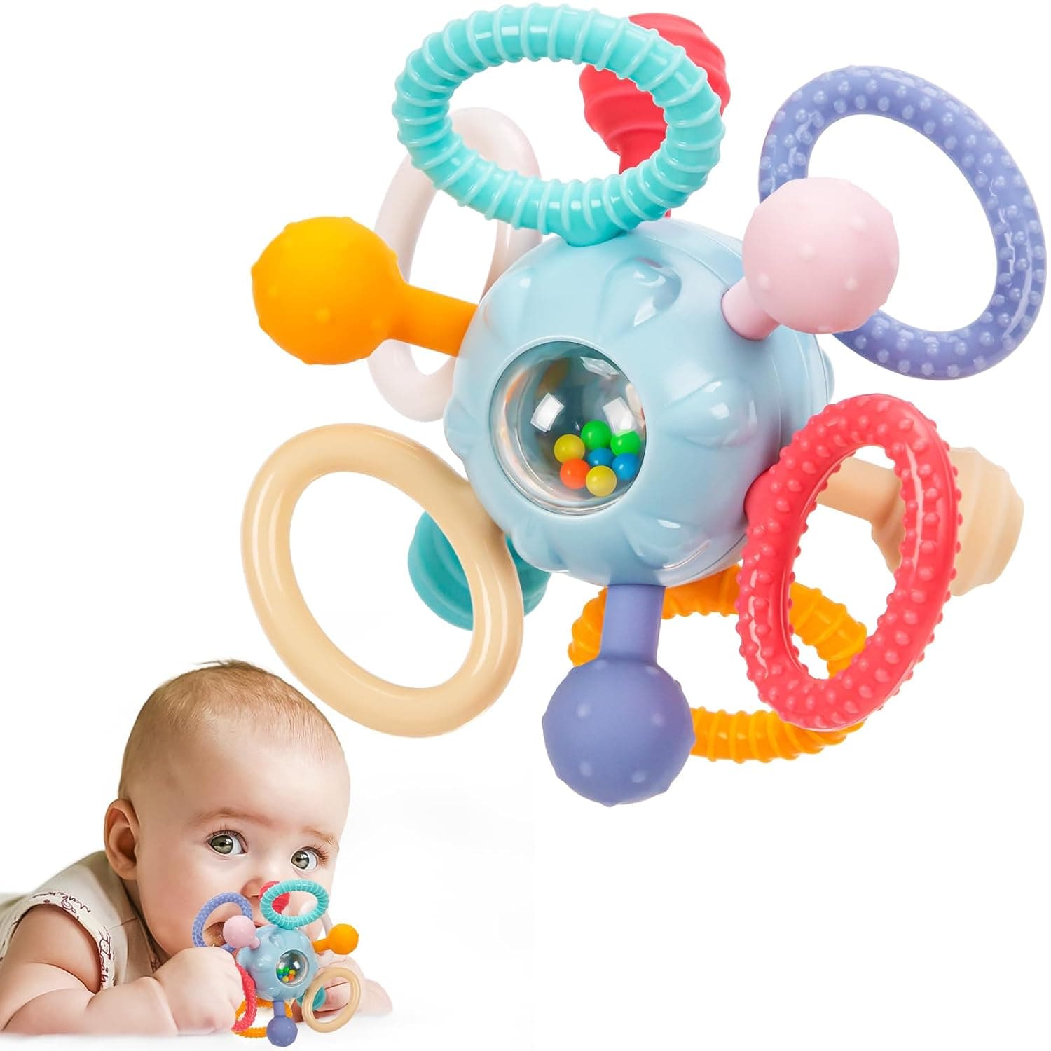 Juguete sensorial para la dentición Baby Montessori 0-6 6-12 meses, bola mordedora y sonajero | 12 bolas de dentición de silicona texturizadas, sin BPA, fáciles de sostener, juguetes de desarrollo infantil para 3 6 9 12 meses, regalos para recién nacidos