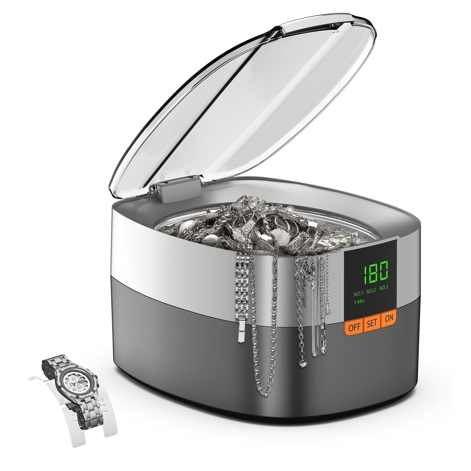 Máquina de limpieza ultrasónica de joyas, limpiador sónico de 750 ml con temporizador digital para anteojos, anillos, plata, solución limpiadora para regalos