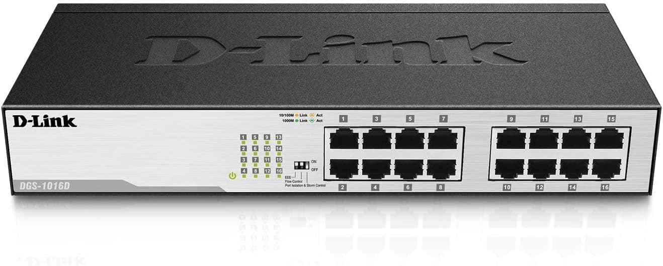 D-Link 16-Port Unmanaged Ethernet Switch, Fanless, Sturdy Metal with Shielded Ports, QoS, Fanless, Port Isolation, Storm Control, Desktop/Rackmount, Energy Saving, Follows NDAA/TAA (DGS-1016D)
