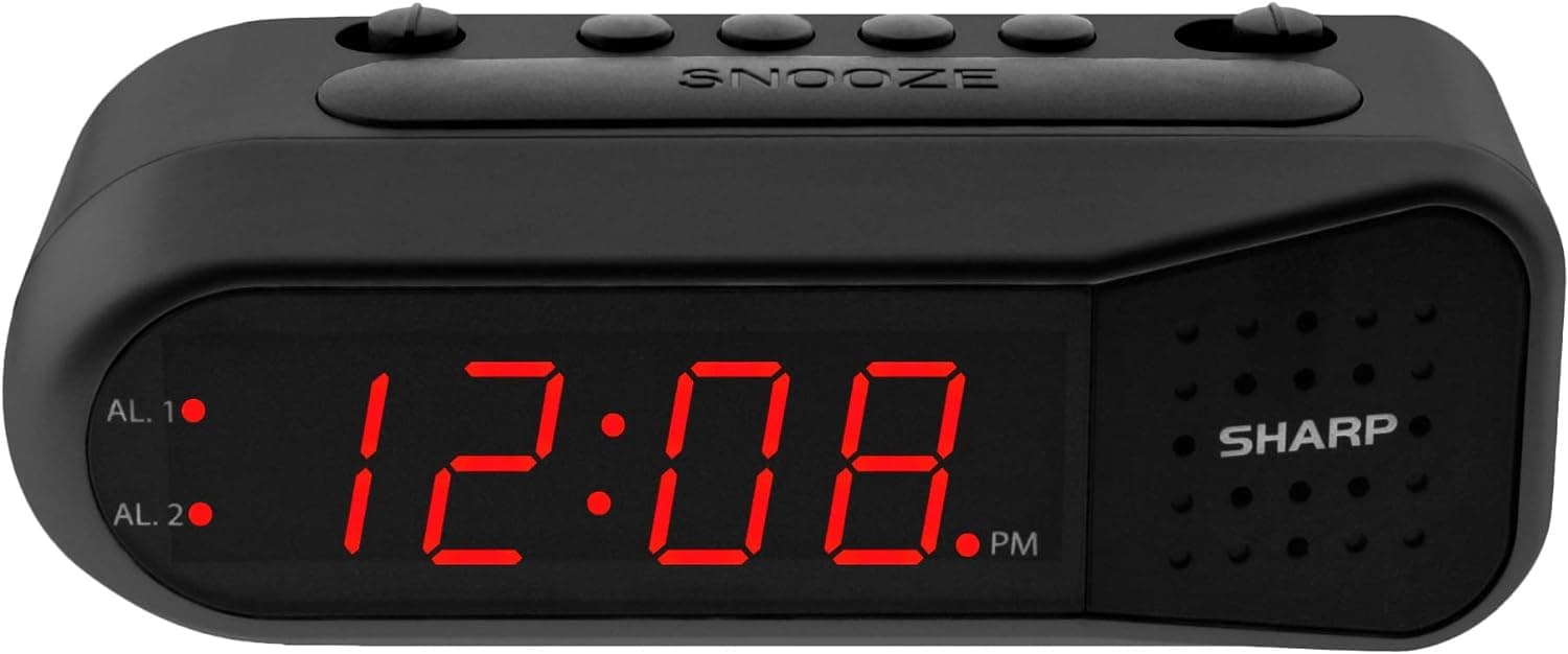 Sharp Reloj despertador digital para personas que duermen mucho, alarma dual, LED rojo, negro