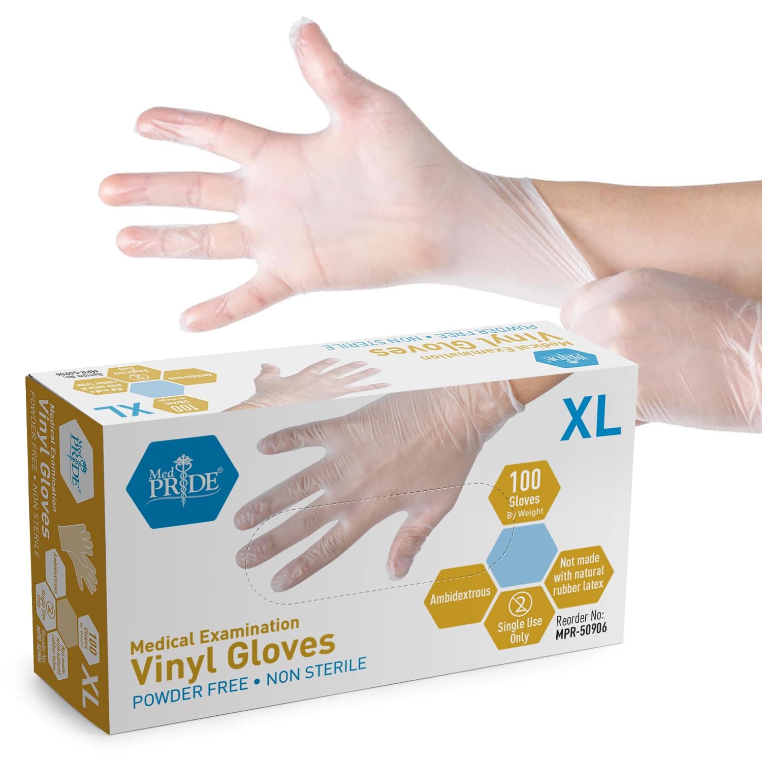 MED PRIDE Guantes médicos de vinilo para examen, sin polvo ni látex, extragrandes, 100 unidades