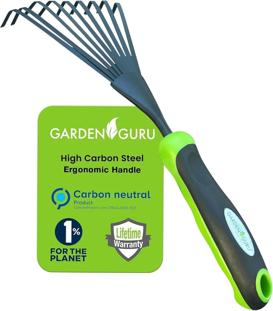 Garden Guru Rastrillo manual para cultivar tierra con mango ergonómico – Acero al carbono fuerte – Resistente al óxido – Ideal para jardinería, cultivar, aflojar la tierra y esparcir mantillo, rastrillar parterres de flores