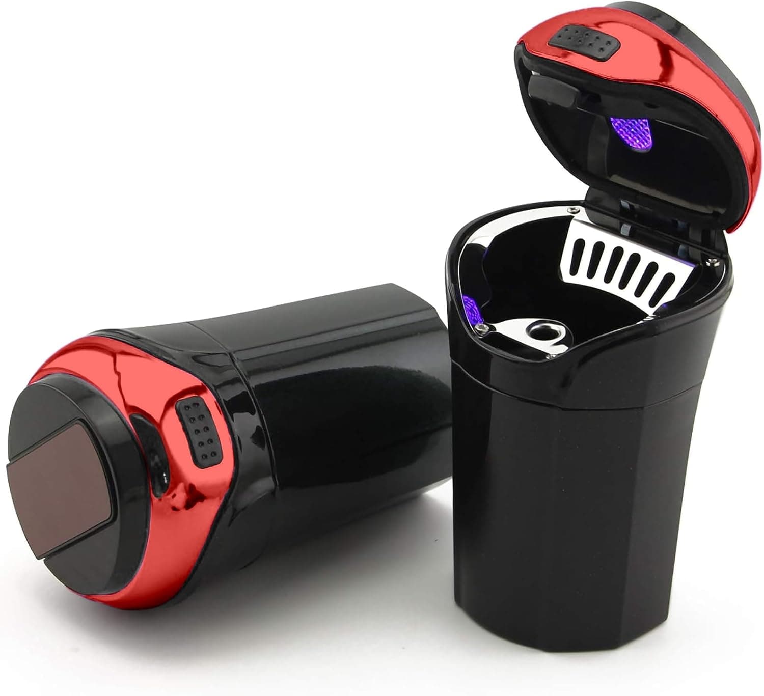 TAKAVU 1 paquete de cenicero para coche, tapa desmontable de acero inoxidable, LED y encendedor (rojo) | Cenicero desmontable de fácil limpieza, se adapta a la mayoría de los portavasos de vehículos, encendedor extraíble y tapa iluminada