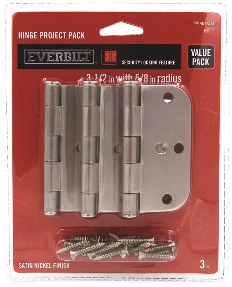 Everbilt 3-1/2 in. x 5/8 in. Radius Satin Nickel Security Door Hinge Value Pack (3-Pack) 14874