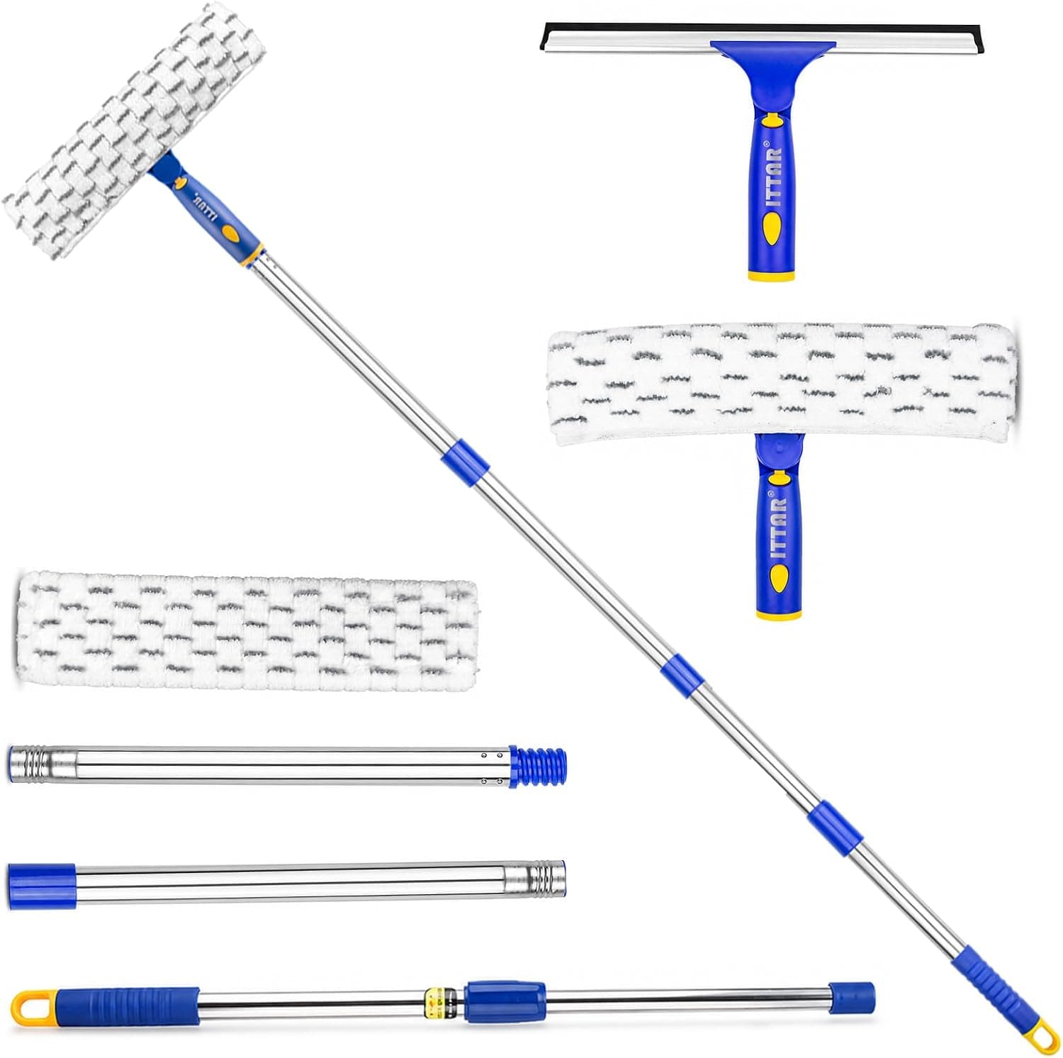 Window Squeegee Cleaning Kit with 60" Extension Pole & Rotatable Head | 2 x 11" Microfiber Pads & 12" Rubber Blade Glass Washing Tool for High Window, Shower Doors, Car Windshields, Indoor, Outdoor