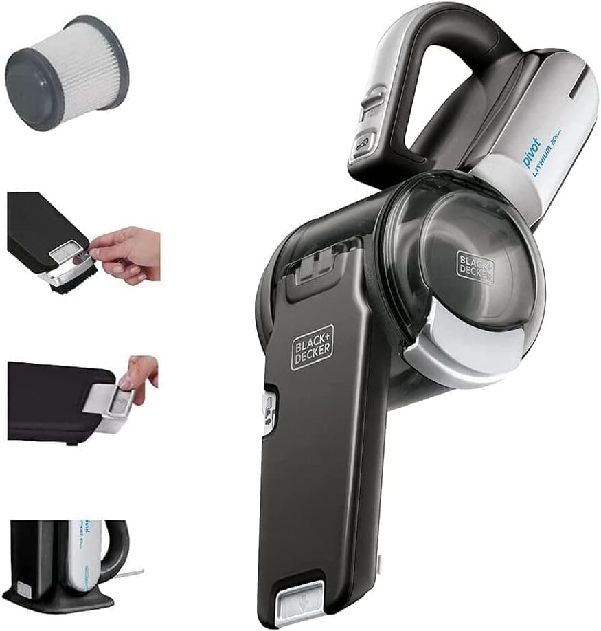 BLACK+DECKER Aspiradora de polvo PIVOT VAC de mano inalámbrica, aspiradora de coche portátil recargable, herramienta para rincones extensible y boquilla pivotante de 200 grados, fuerte succión, ligera (BDH2000PL)