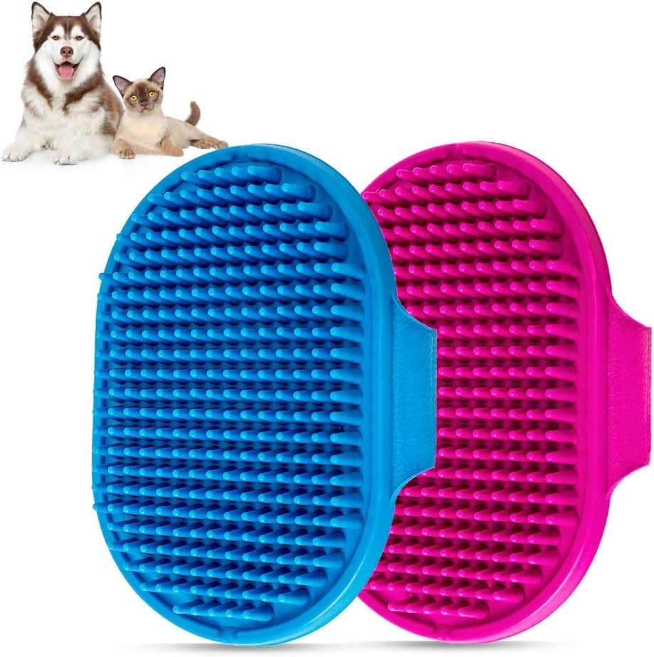 Cepillo de baño para perros, peine de baño para mascotas, cepillo de masaje relajante, peine de goma, 2 piezas con mango de anillo ajustable para perros y gatos de pelo largo y corto (azul+rosa)