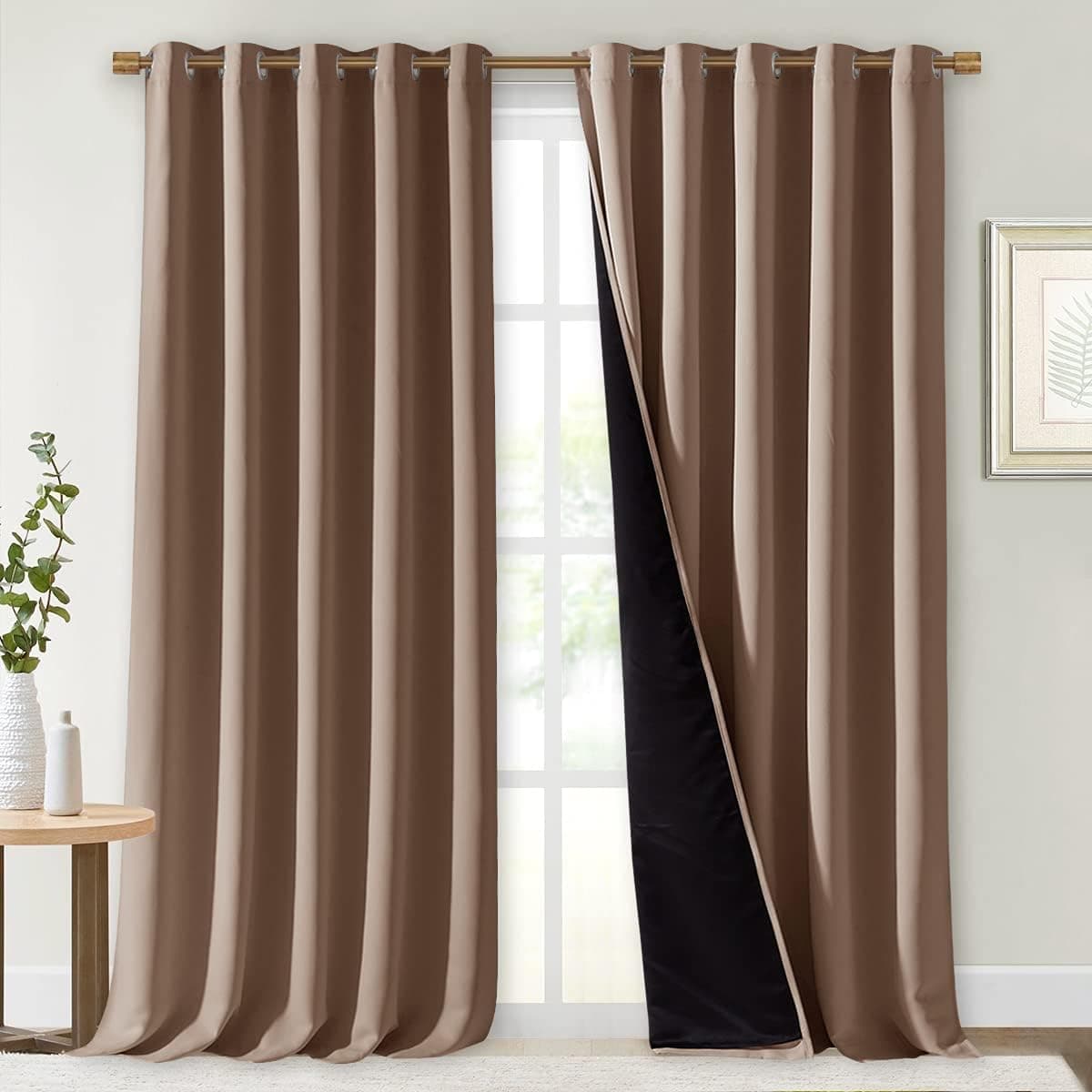 NICETOWN Cortinas cálidas para invierno, cortinas opacas completas para puertas de ventana grandes, paneles de cortina 100% opacos con forro negro, 70 pulgadas de ancho cada panel, 95 pulgadas de largo, capuchino, 2 piezas