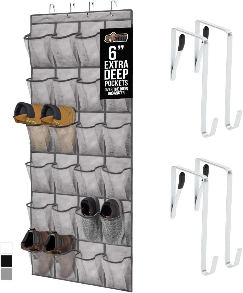 GORILLA GRIP Organizador de zapatos para colocar sobre la puerta, 24 bolsillos extra grandes de malla transpirable, soporte de almacenamiento para colgar que ahorra espacio, colgador de armario con 4 ganchos, se cuelga en armarios para zapatos y accesorios, gris