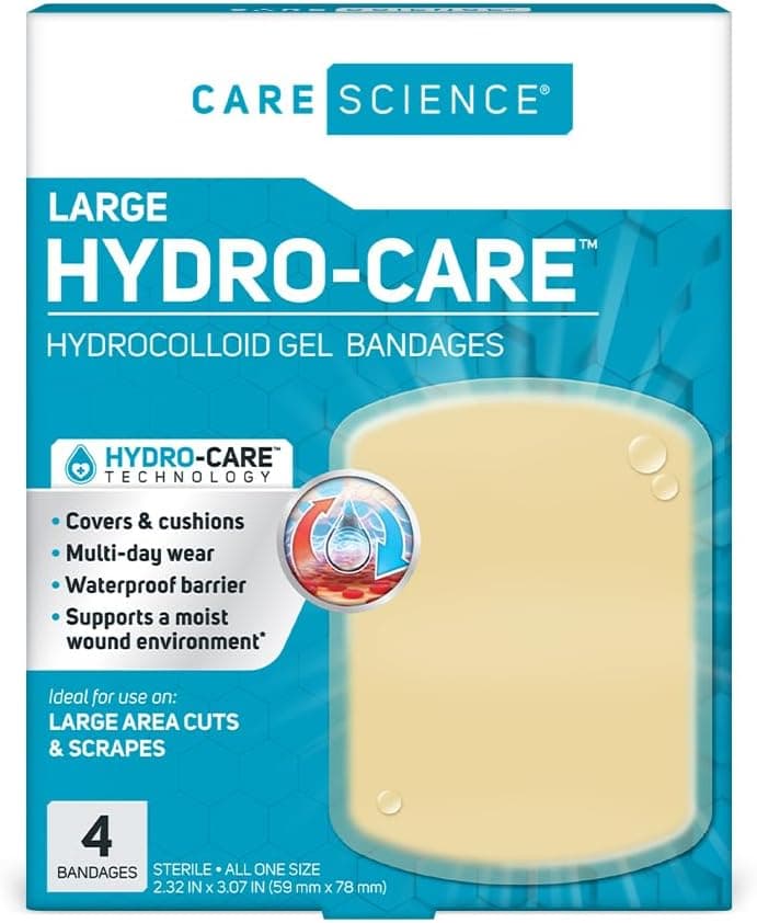 Care Science Hidrocoloide grande, 2,3 x 3 pulgadas, 4 unidades | Para uso en cortes, raspaduras y ampollas menores. Fundas y cojines impermeables, soporta un ambiente húmedo para heridas.
