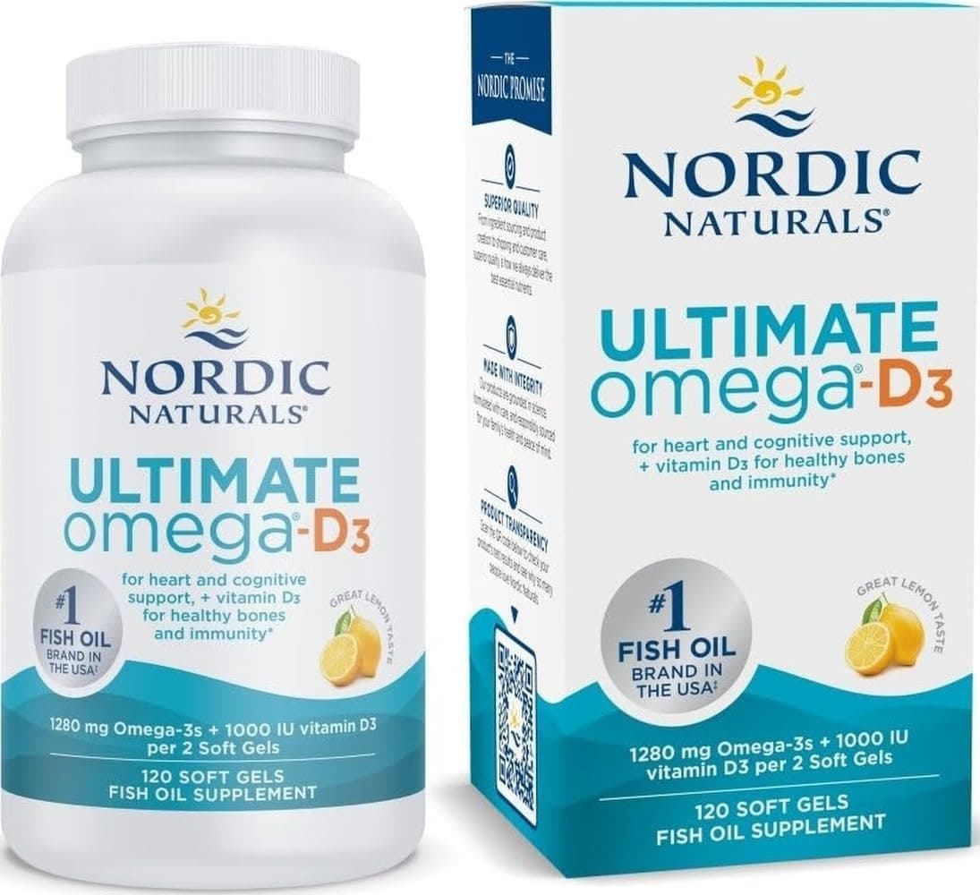 Nordic Naturals Ultimate Omega-D3, 1280 mg + 1000 UI D3, limón - 120 unidades | Aceite de Pescado Omega-3 con EPA y DHA + Vitamina D3. Apoya la salud del cerebro, el corazón y el sistema inmunológico. Sabor a limón. 60 porciones. 2 por día.