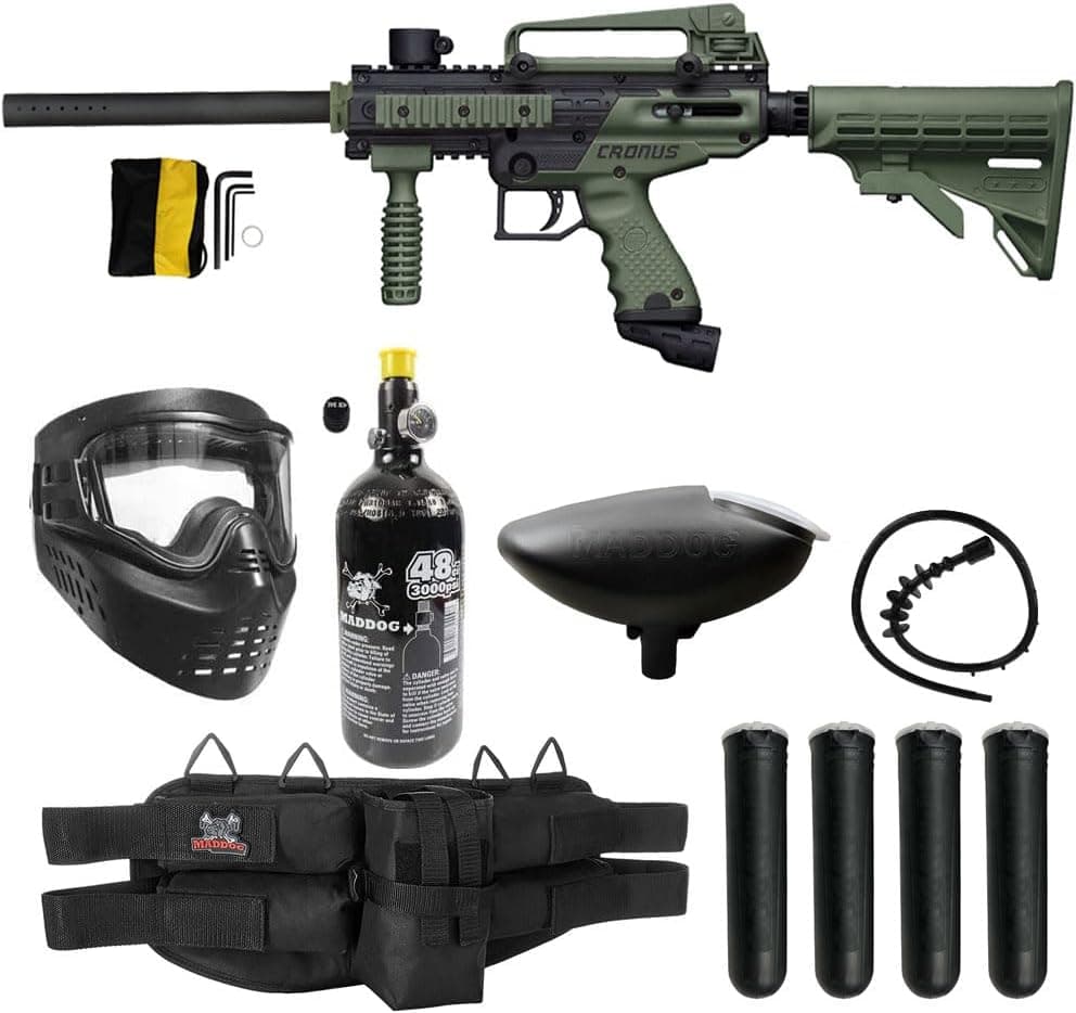 Paquetes de inicio de accesorios y marcadores de pistola de paintball táctico Maddog Tippmann Cronus | El kit plateado viene con marcador, máscara antivaho, tanque, tolva, arnés y cápsulas | Opciones de tanque de CO2 o HPA