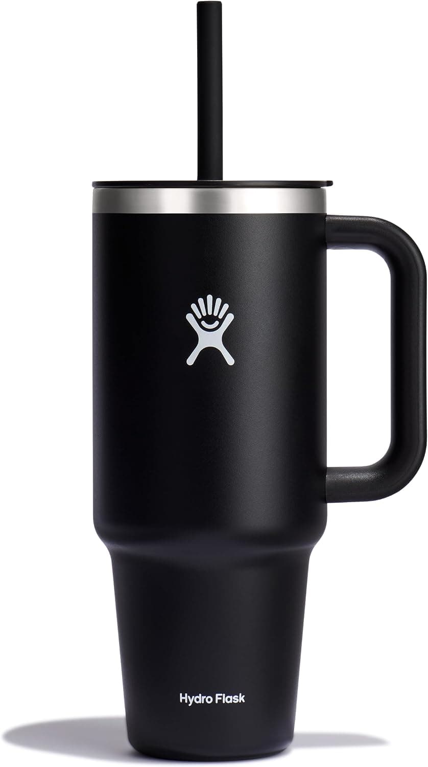 Vaso de viaje Hydro Flask con asa, tapa y pajita - Acero inoxidable aislado en 40 Oz Negro