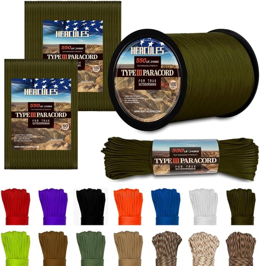 HERCULES Tipo III Paracord 550 Cuerda Paracord Cuerda de paracaídas, 50' Verde militar para cuerda de camping, cuerda de supervivencia