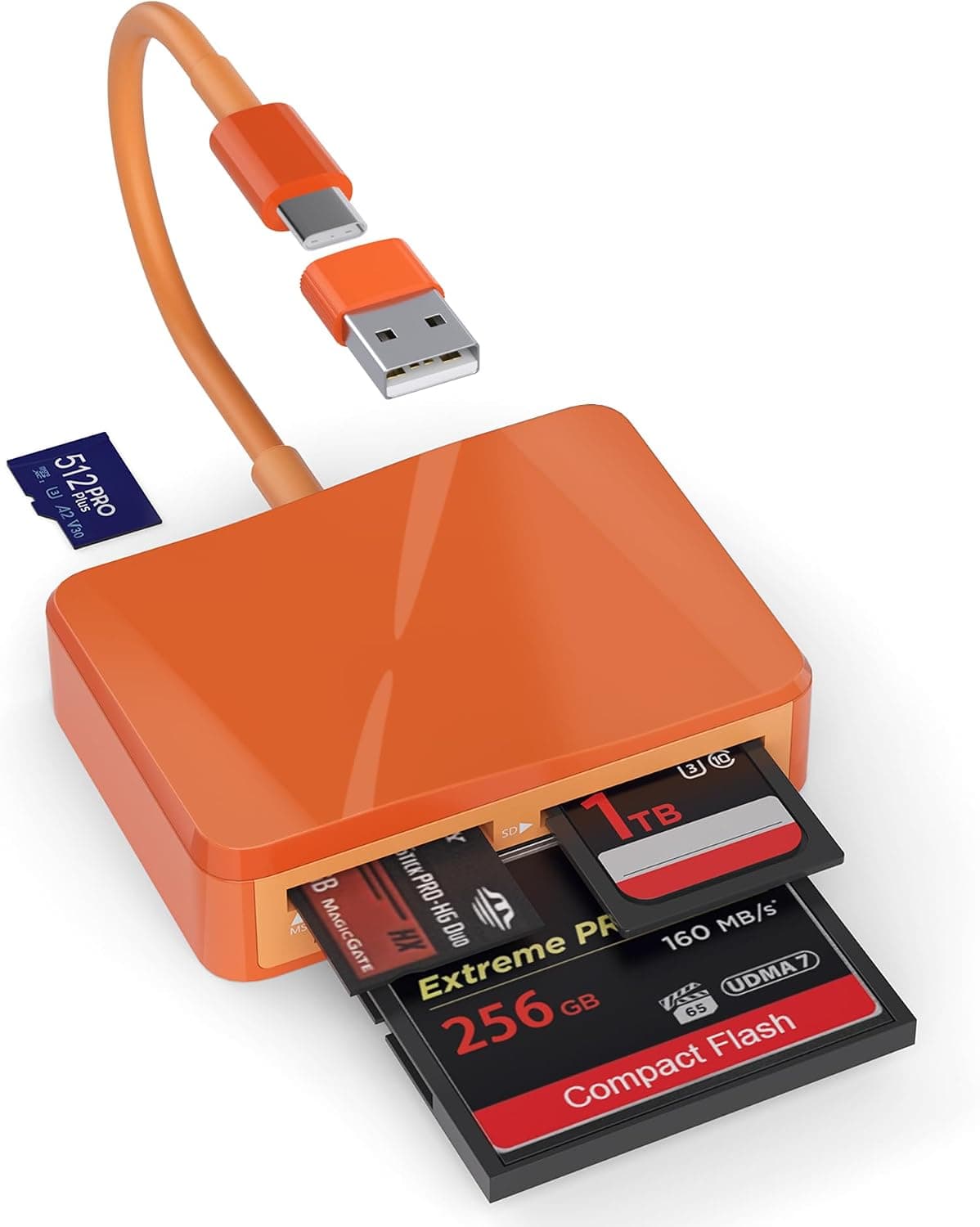 SD Card Reader, 4 in 1 USB C to SD/TF/CF/MS Card Reader with USB to USB C Adapter Memroy Card Reader for iPhone 17/16/15 Pro Max iPad Pro MacBook Pro/Air iMac M4/M3 Android Phone/Tablet PC (Orange)