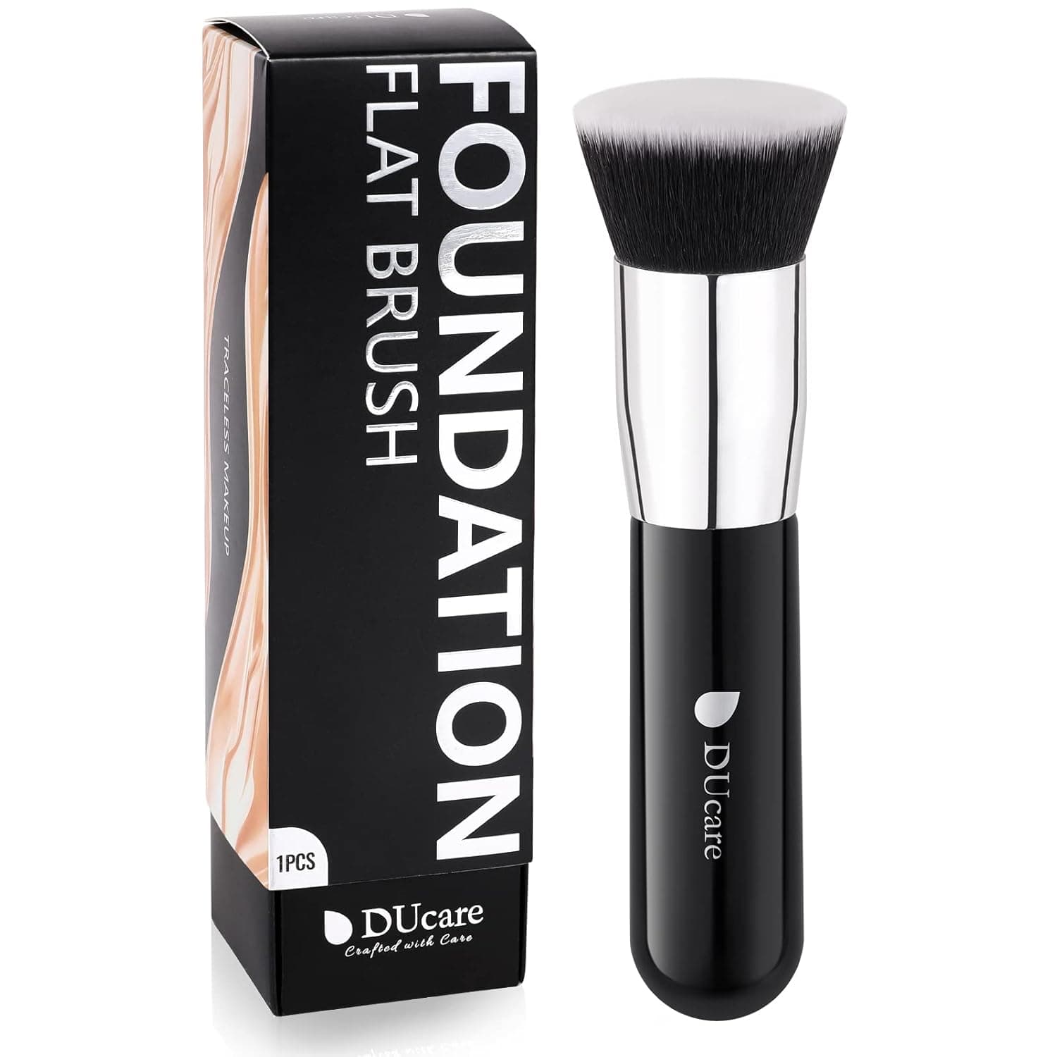 DUcare Kabuki - Brocha para base de maquillaje líquido, parte superior plana, profesional, para pulir, mezclar polvo mineral, brocha de maquillaje facial grande, color negro