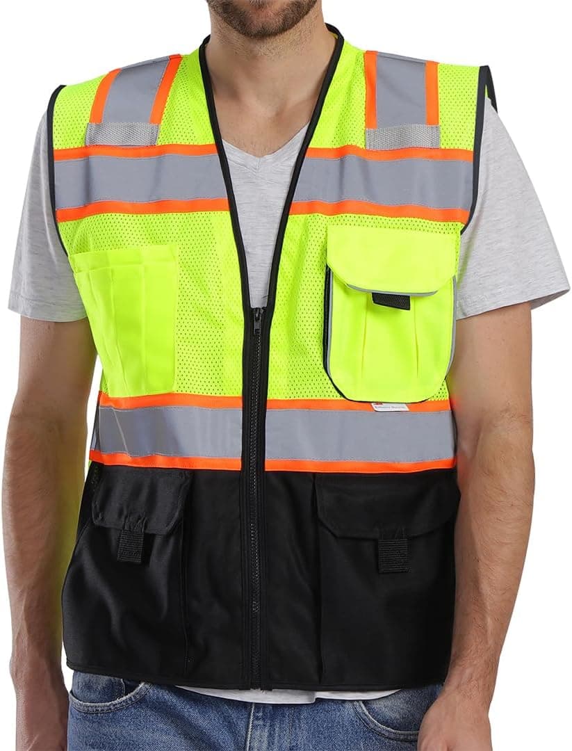 Dib Safety Reflective Safety Vest with Pockets Zipper, Yellow and Black S | Made with 3M Reflective Tape, ANSI Class 2 Compliant Mesh High Visibility Vest for Men Women