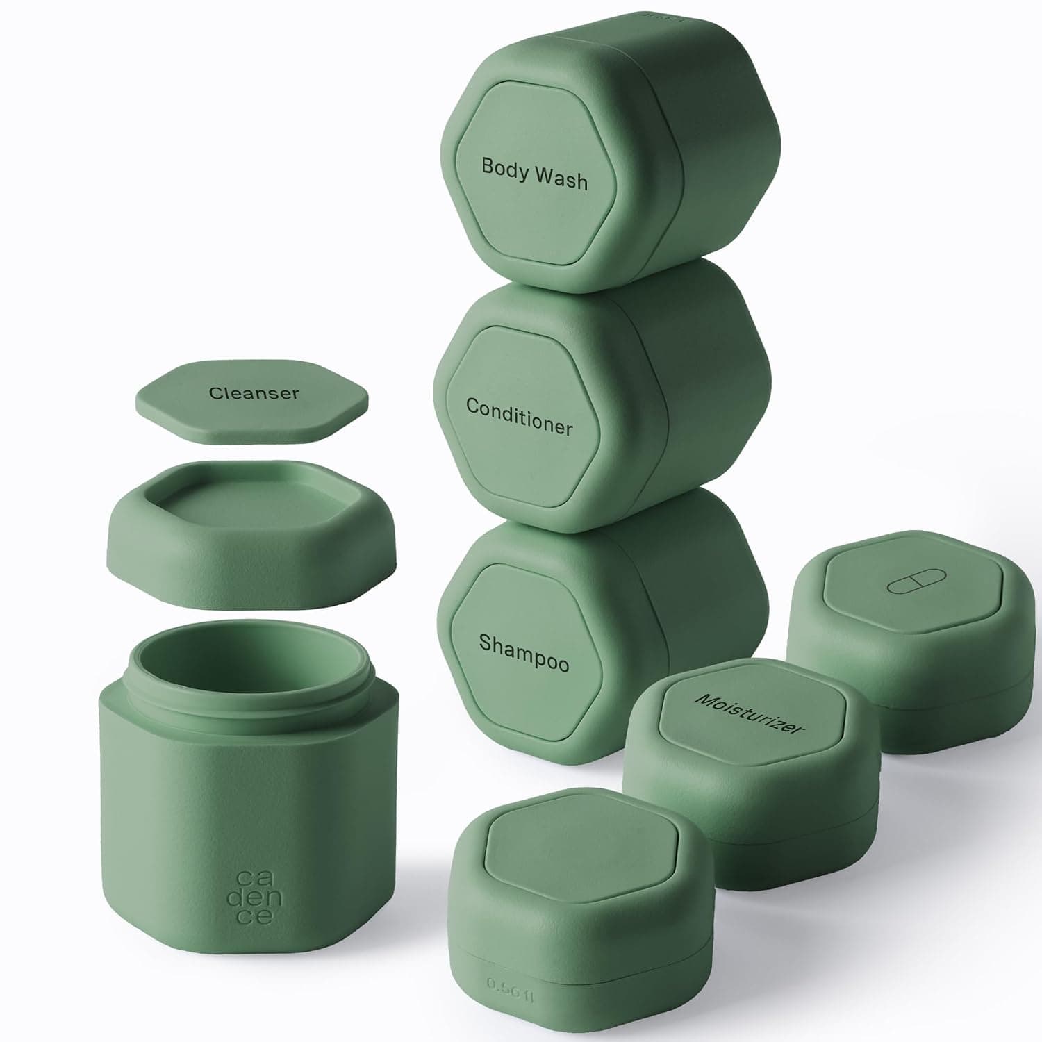 Cadence Travel Containers - Daily Routine Capsule Set - Magnetic Containers with Lids,4 Flex Mediums (1.32oz) & 3 Flex Smalls (0.56oz) - Shampoo, Conditioner, Body Wash, Pills, & More - Eucalyptus