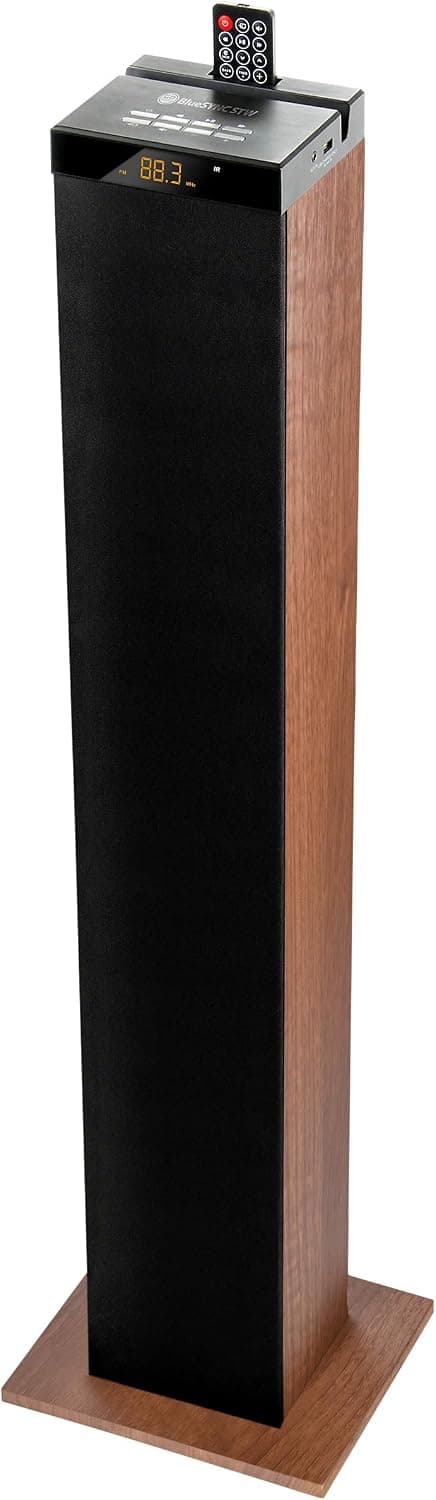 GOgroove Altavoz de torre Bluetooth con subwoofer incorporado - Altavoz de pie para el hogar con graves potentes y controladores duales, potencia máxima de 120 W, MP3 auxiliar de 3,5 mm, unidad flash con puerto USB 2.0, radio FM (nogal)