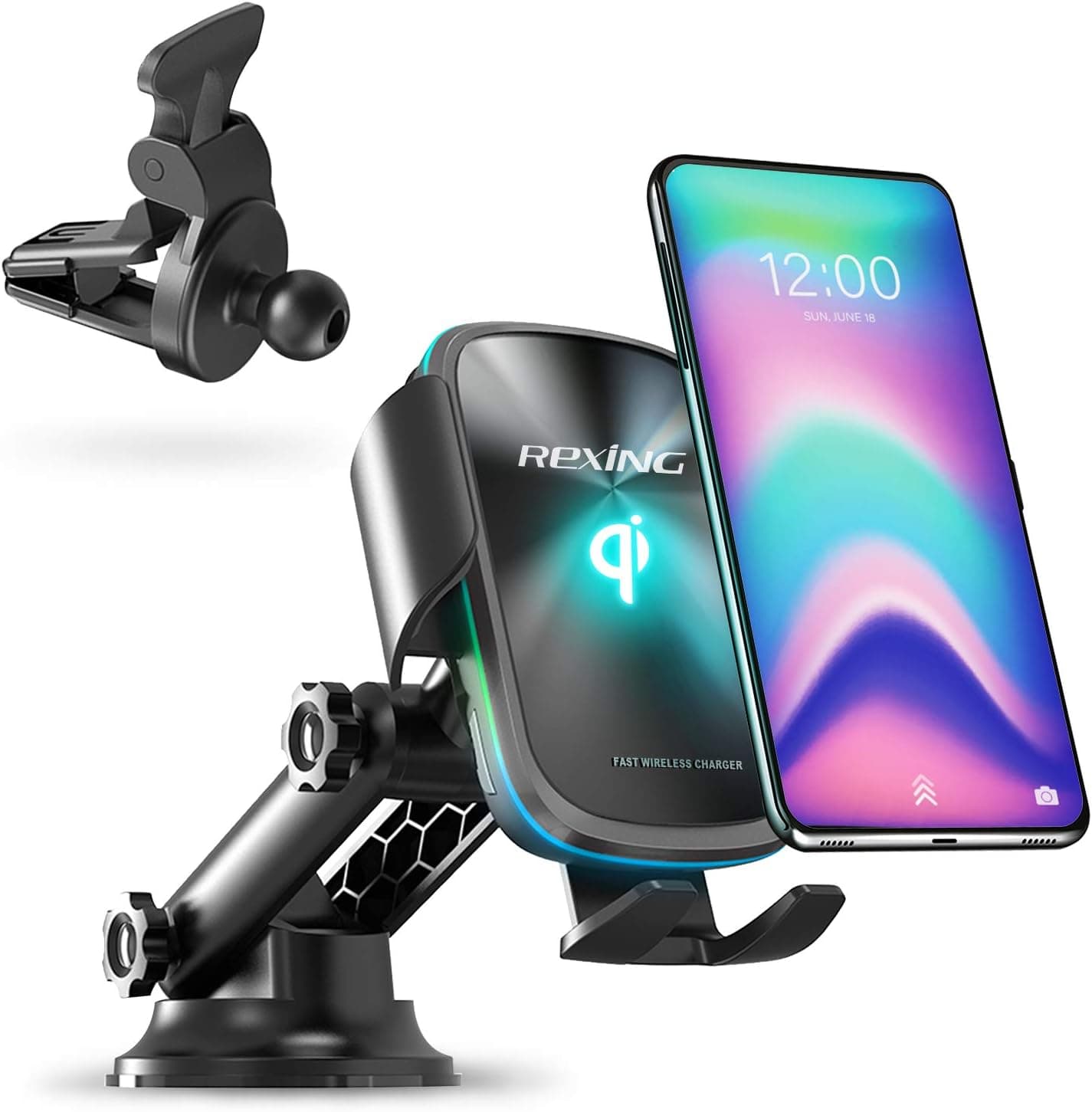 Rexing Motorized Wireless 15W/7.5W Qi Charging Car Mount w/Auto Sensing Automatic Clamping, Windshield Air Vent Car Phone Mount, Compatible w/iPhone, Android, Galaxy Smartphones