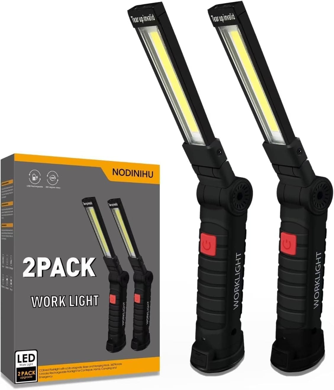 Luz de trabajo portátil, luces de trabajo recargables con base magnética, gancho para colgar, rotación de 360°, 5 modos, luz de inspección plegable COB LED de 800 lúmenes para reparación de automóviles, parrilla y uso en exteriores (paquete de 2)