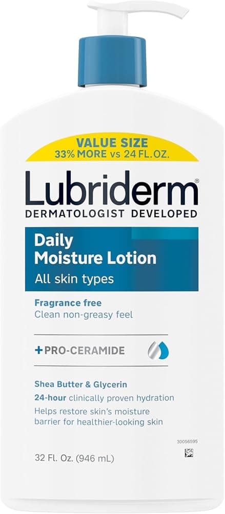 Loción corporal hidratante diaria Lubriderm + Pro-Ceramida, 32 fl. Oz, talla económica | Loción para el cuerpo, las manos y la cara ligeramente perfumada para piel seca, no grasa con manteca de karité, crema hidratante las 24 horas, sin parabenos ni colorantes
