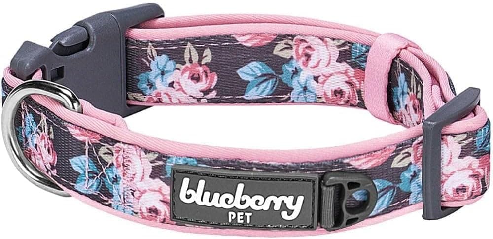 Blueberry Pet Collar de perro acolchado de neopreno con estampado floral, rosa rosa, collar de perro ajustable para perros medianos, tamaño mediano, cuello de 14.5 a 20 pulgadas