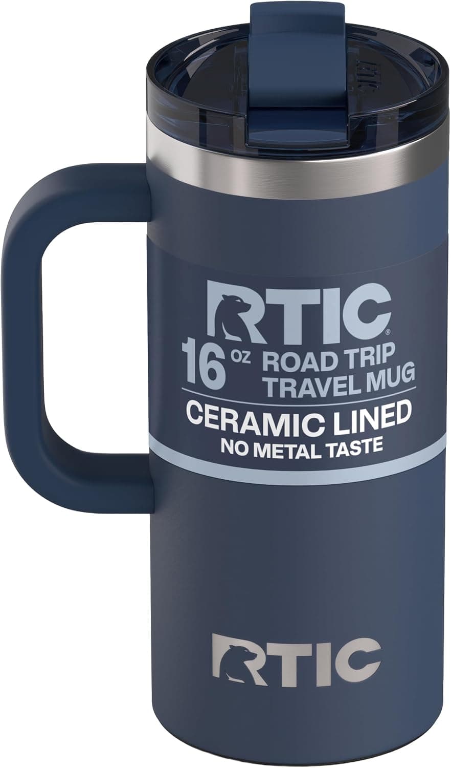 Taza de viaje RTIC de 16 oz con tapa y asa, forrada de cerámica, azul marino | Taza de viaje aislada de metal de acero inoxidable para bebidas frías y calientes, café, coche, camping y viajes