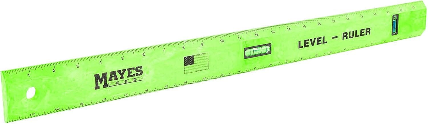 Mayes 10743 Polystyrene Level Ruler 24", Precision Measuring and Leveling Tool, Plumb and Level Vials with SAE and Center-Finding Scale, for Framing, Hanging, Made in the USA