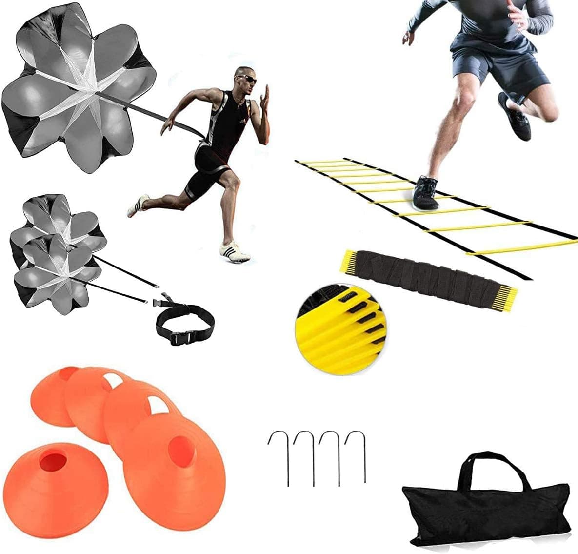 Escalera de agilidad, entrenamiento de velocidad, equipo de entrenamiento de velocidad de agilidad de fútbol, ​​escalera de agilidad de 20 pies, 6 conos de fútbol, ​​paracaídas para correr, equipo de entrenamiento de fútbol de baloncesto para niños, jóvenes, adultos