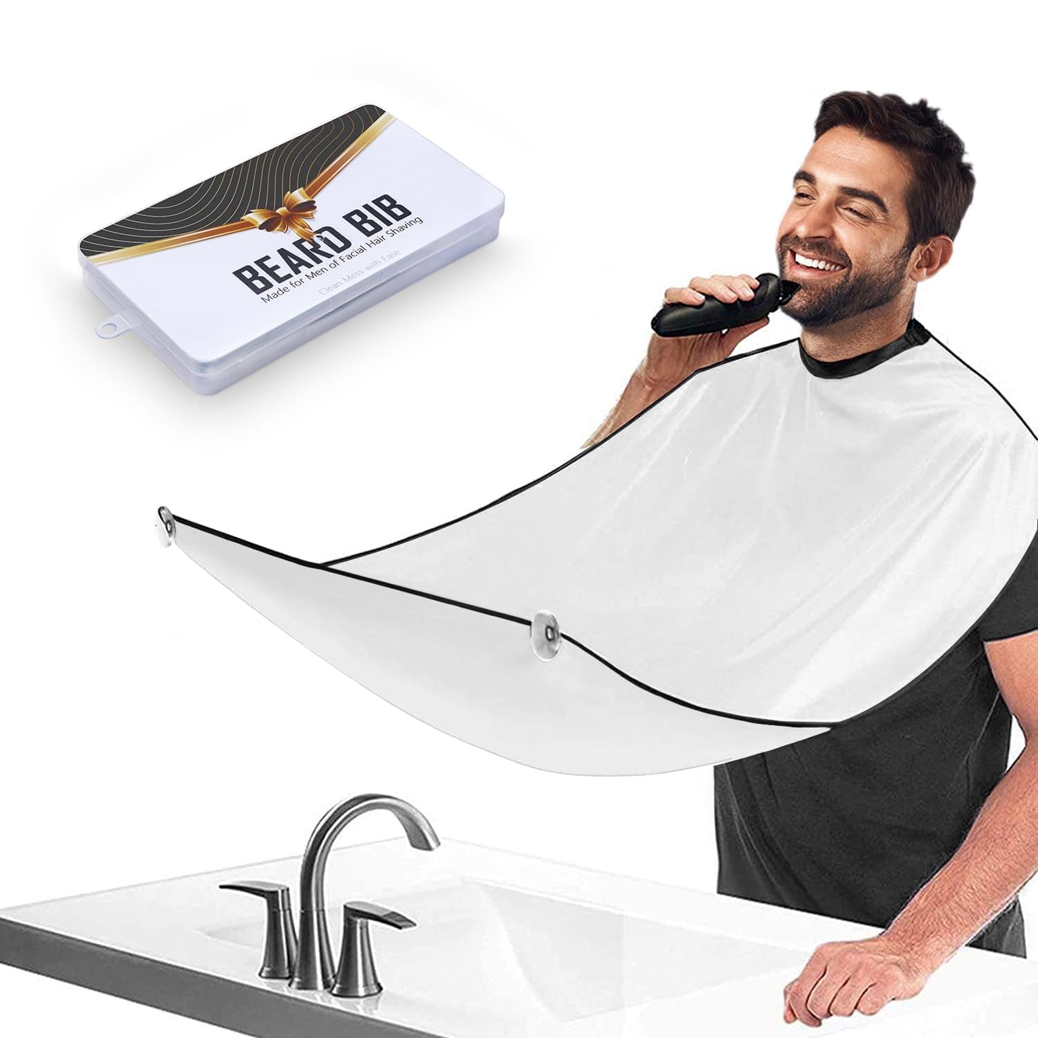Babero para Barba para Hombres, Delantal para Afeitar el Cabello con Ventosas, Blanco | Babero de nailon antiadherente impermeable con cuello de Velcro ajustable, diseño plegable y reutilizable, recogedor de afeitado sin desorden