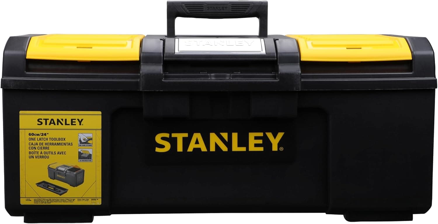 STANLEY Caja de herramientas de almacenamiento profundo con un solo toque de 24 pulgadas, 1-79-218 | Operación con una sola mano, 2 compartimentos organizadores de tapa, Bandeja de transporte extraíble, Capacidad de carga de 20 kg, Volumen de 29,1 L
