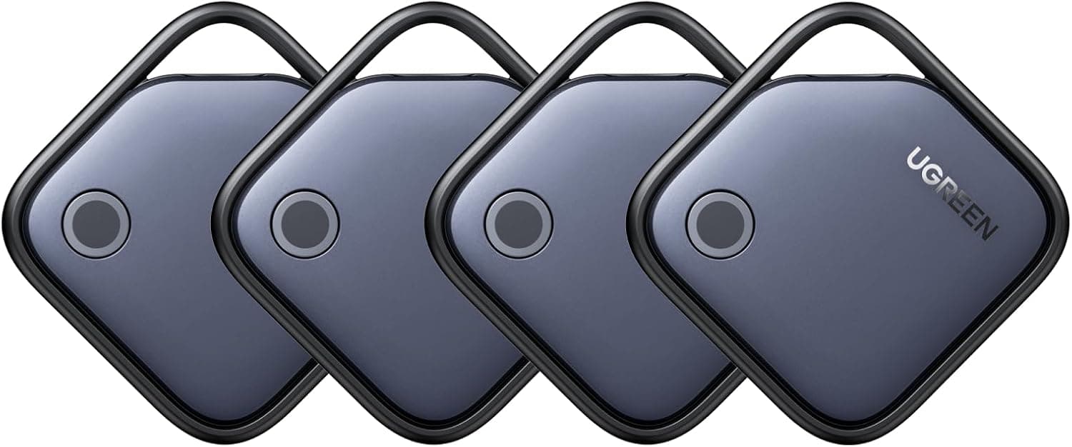 UGREEN FineTrack Air Tracker Tags (solo para iOS) 4 paquetes Buscador de llaves | Bluetooth Tracker 2 años Batería reemplazable compatible con Apple Find My for Keys, Luggage [Apple Find My Certified]