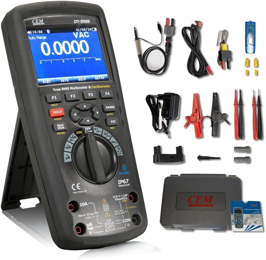 Multímetro de osciloscopio digital de mano incluido T.ax, osciloscopio DT-9989 interfaz Bluetooth 3 en 1, 50000 recuentos, precisión de 0,025% DCV, multímetro digital con pantalla LCD de 3,5 pulgadas