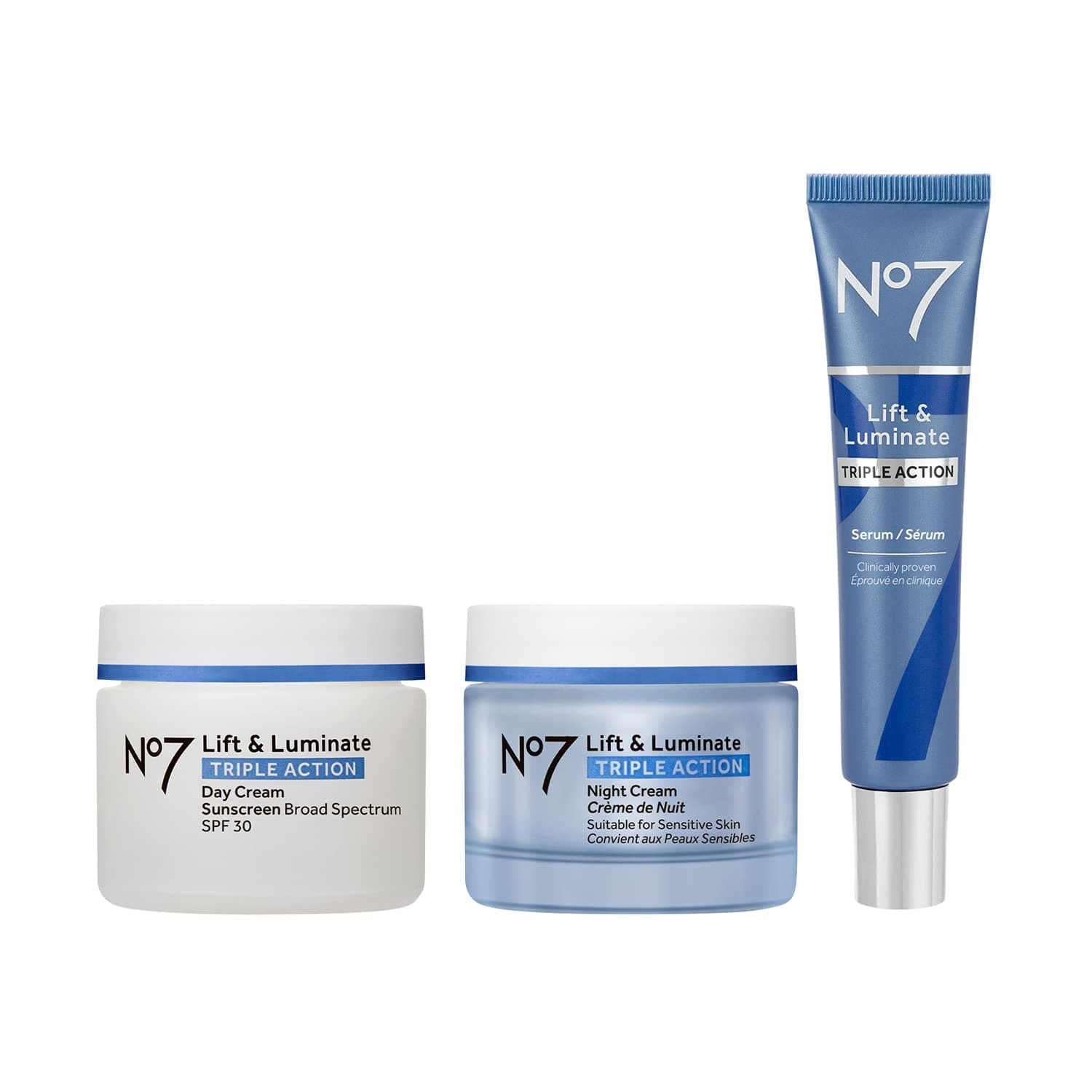 No7 Lift & Luminate Juego de cuidado de la piel de triple acción, kit de 3 piezas | Incluye crema de día antienvejecimiento SPF 30, suero antiarrugas con vitamina C y crema de noche iluminadora, péptidos de colágeno.