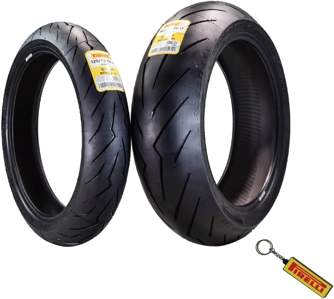 Pirelli Diablo Rosso III 120/70ZR17 delantero y 190/55ZR17 trasero juego de neumáticos de motocicleta con llavero | Juego de neumáticos completo: 120/70 ZR 17 delante, 190/55 ZR 17 detrás. Neumáticos deportivos de alto rendimiento para uso en carretera. Incluye llavero.