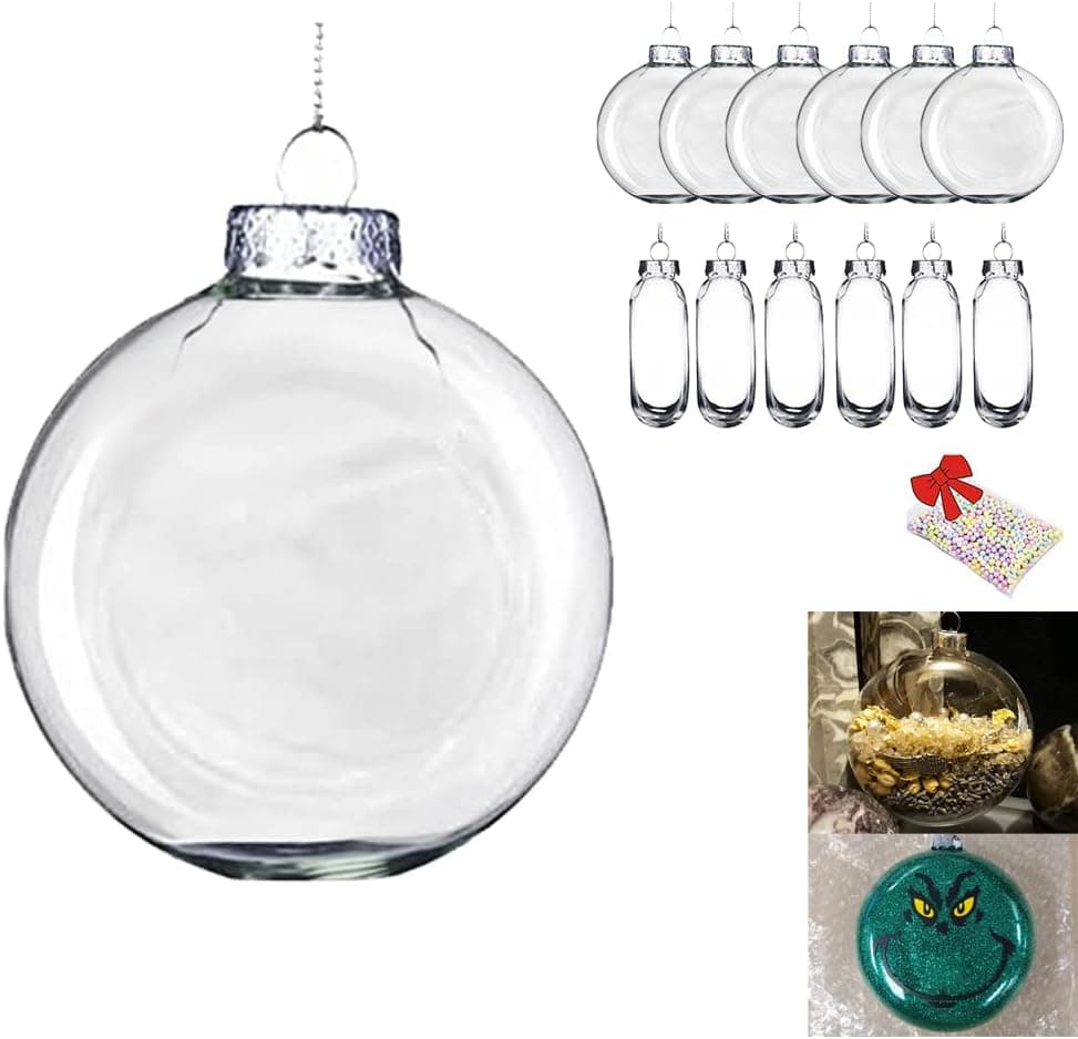 Juego de 12,80 mm (3-1/8 pulgadas) de bombillas navideñas de vidrio transparente, redondas y planas, que se pueden pintar, adornos para manualidades, rellenables, ovaladas, decoraciones de discos de vidrio vacíos, bola para pintar para manualidades