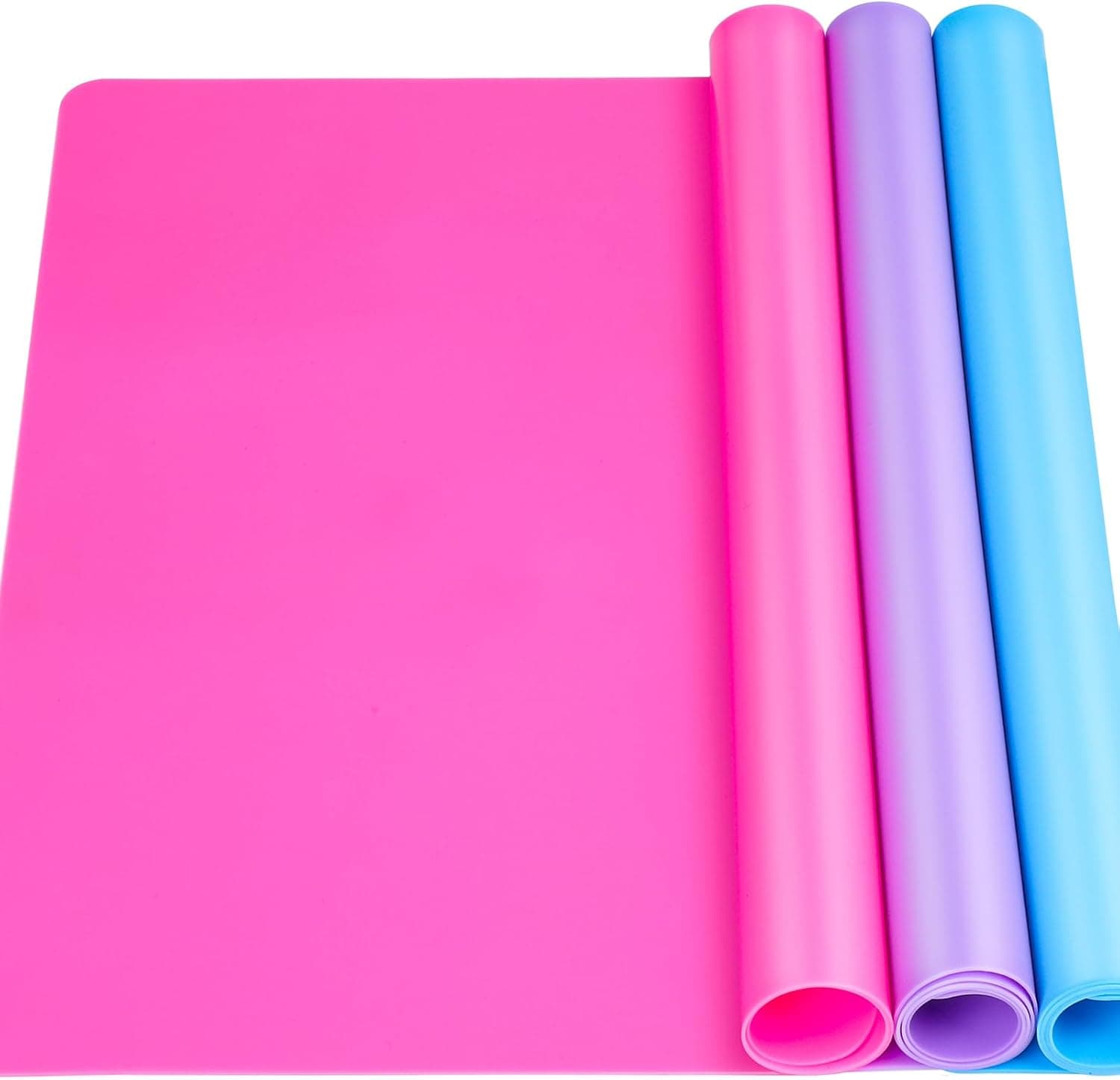 LEOBRO Tapete de silicona para moldes de resina, 3 tapetes de silicona para resina epoxi, resina UV, tapete para masa, tapete de arcilla, almohadillas de hojas de silicona antiadherentes para manualidades y manualidades, rosa, morado y azul, 15.7 "x 11.7"