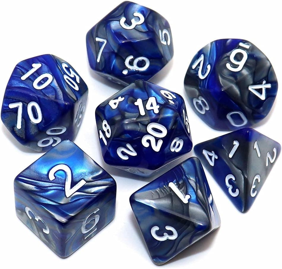 DND Dice Blue Mix Silver D&D Juego de dados poliédricos para mazmorras y dragones MTG RPG Dice Juego de 7 troqueles D20 D12 D10 D % D8 D6 D4