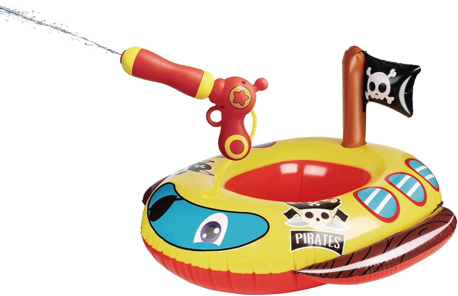 Flotadores de piscina para niños con pistola de agua, flotador de barco pirata para niños pequeños, juguetes de piscina inflables, flotadores inflables de piscina divertidos de verano para niños, niñas y niños, juguetes de agua al aire libre para niños de 3 a 5 años, 4 a 8 años | Viene con una pistola de agua, diseño en forma de barco pirata, material seguro, flotadores inflables de piscina divertidos de verano para niños y niñas