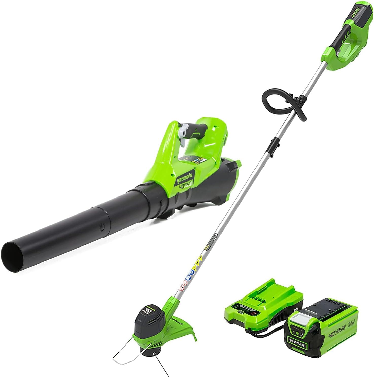 Greenworks Combo de recortadora de hilo y soplador de 390 CFM, 40 V, 12 pulgadas, batería de 2,0 Ah