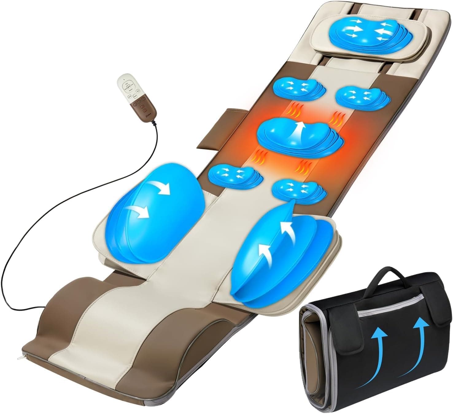 Estera de masaje de cuerpo completo con bolsas de aire de estiramiento y calefacción, tracción y relajación lumbar 3D, almohadilla masajeadora de espalda, 4 modos 3 intensidades 3 niveles de calor, cuero de PU, diseño portátil y plegable, ajuste 5'1-6'0