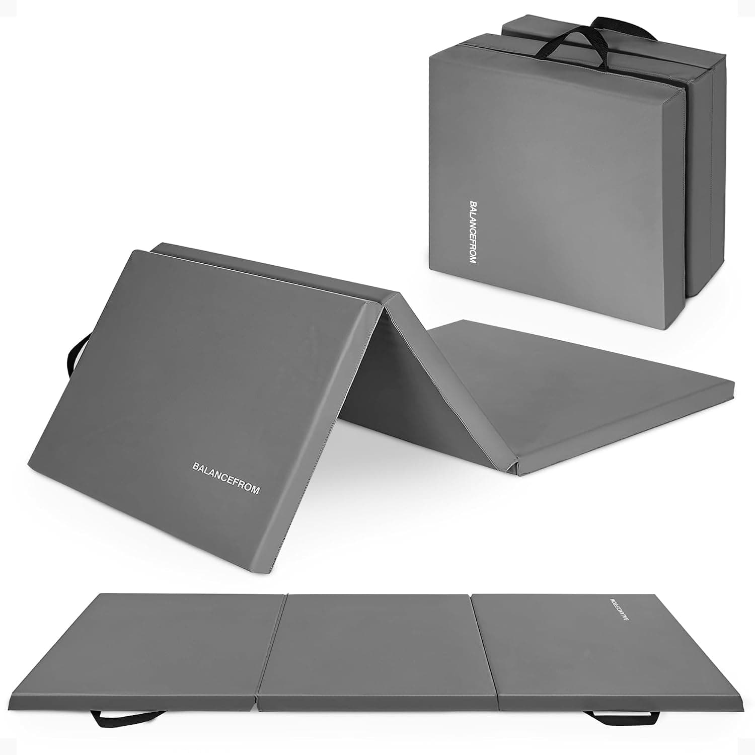BalanceFrom Esterilla de gimnasia plegable de 3 paneles de 6 x 2 pies – Almohadilla de 2 pulgadas de grosor con superficie de vinilo y asas de transporte para gimnasia, yoga, pilates, entrenamientos en casa y artes marciales