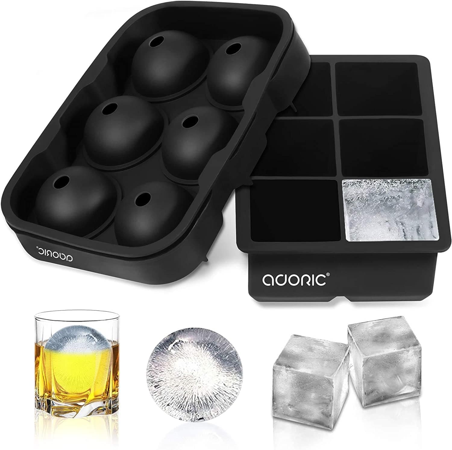 Bandeja para cubitos de hielo, bandeja de hielo cuadrada grande y máquina para hacer bolas de hielo esféricas con tapa para whisky y casera, reutilizable, fácil de desmoldar (juego de 2 moldes de silicona para cubitos de hielo)