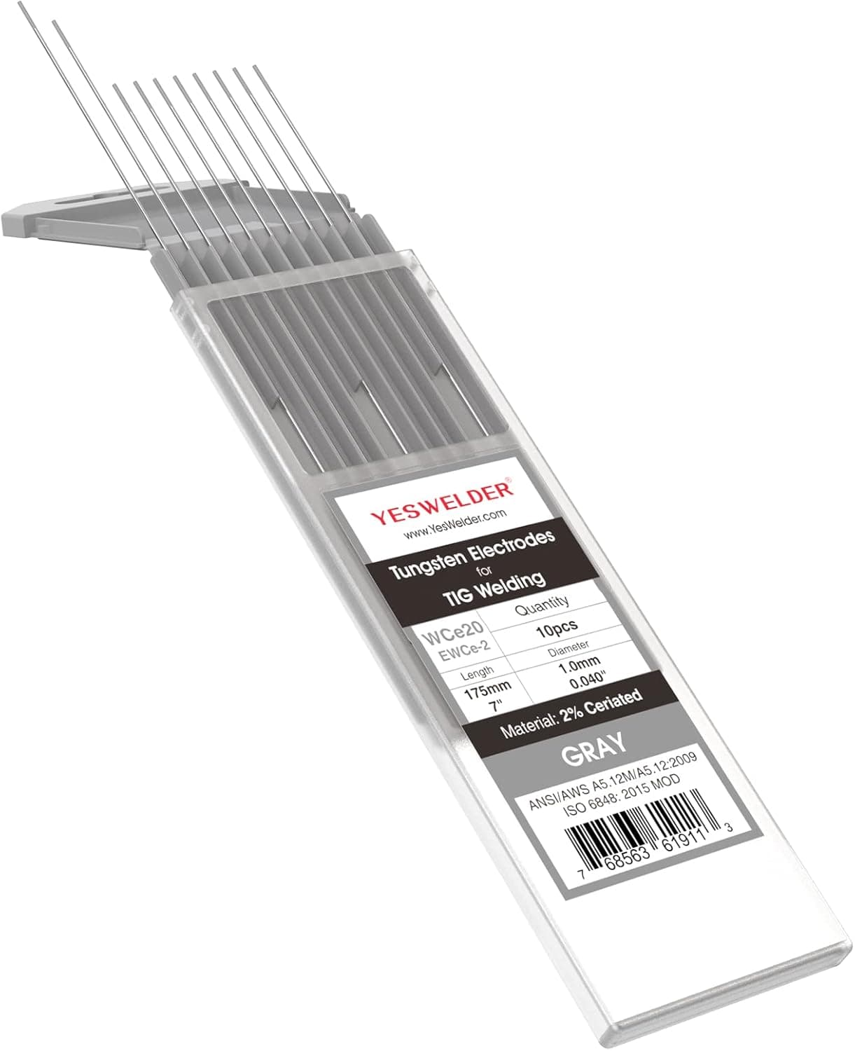 YESWELDER Electrodo de tungsteno para soldadura TIG 2% ceriado | Paquete de 10 unidades de 0,040" x 7" gris WC20/EWCe-2